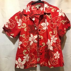 Red Flower Print Hawaiian Button Up Shirt